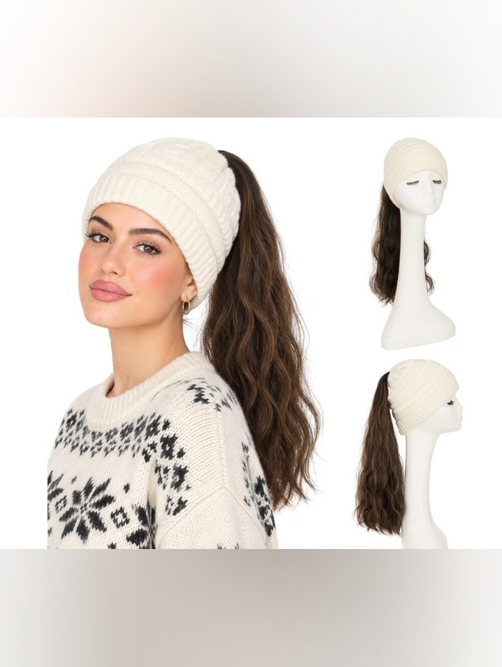 White Beanie Hat Wig Wavy Ponytail Hair Extensions 18.5" Dark Brown with Highlig